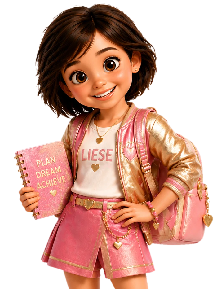 Ilustração da Mini Liese, aos 9 anos, de jaqueta rosa e dourada, com o caderno Plan, Dream, Achieve